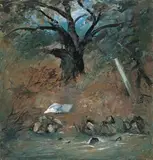 Rock And Large Tree by Arthur Boyd, 1973, oil on canvas, sold Aug 2018