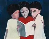 Three Girls Reading by Robert Dickerson, c.1960s, oil on composition board, sold Aug 2018