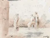 Three Figures In A Room by Henry Moore, 1979, charcoal, conté, gouache and offset wash on paper, offered Aug 2018
