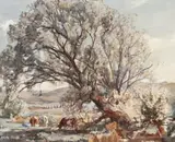 Cattle Grazing Under The Leaning Gum, Hahndorf Sa by Hans Heysen, 1925, watercolour on paper, offered Aug 2018