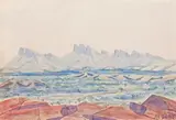 Central Australian Landscape by Albert Namatjira, c.1937, watercolour and pencil on paper on card, sold Aug 2018