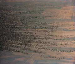 Running Figures by Lawrence Daws, c.1974, oil on canvas on composition board, sold Aug 2018