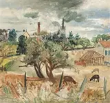 Oakleigh Landscape by John Perceval, 1946, oil on canvas on cardboard, offered Apr 2018