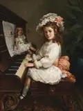Portrait Of Miss Winifred Hudson As A Young Girl, Seated At A Piano, Her Doll Nearby by Nicholas Chevalier, 1888, oil on canvas, offered Apr 2018