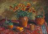 RUDBECKIAS WITH CANE BASKET, c.1981 – 82 by Margaret Olley, oil on composition board, sold Apr 2018