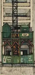 Building Under Construction by Michael Shannon, 1957, oil on composition board, sold Apr 2018