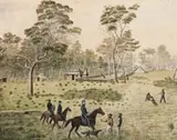 Mounted Police With Settlers And Aborigines, Tooloom, N.S.W. by Conrad Wagner, 1860, watercolour on paper, sold Nov 2017
