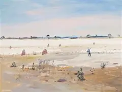 Wimmera Landscape With Hunter by Arthur Boyd, c.1985, oil and tempera on composition board, sold Nov 2017