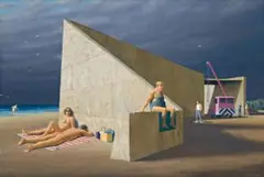 Sunbathers At Construction Site by Jeffrey Smart, 2003, oil on canvas, sold Nov 2017