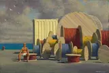 First Study For On The Wharf, Livorno by Jeffrey Smart, 2001, oil on paper on canvas, sold Nov 2017