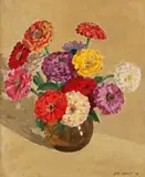 Zinnias by Jeffrey Smart, 1940, oil on canvas on board, sold Nov 2017
