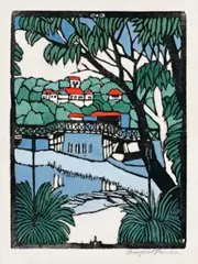MOSMAN BRIDGE, c.1925 – 26 by Margaret Preston, hand-coloured woodcut, sold Nov 2017