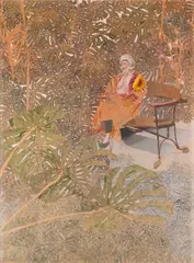 Lilette au banc de Gaudi, vers 2017 by Sam Szafran, Aquarelle, gouache et pastel sur soie montée sur carton, sold May 2025