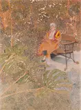 Lilette au banc de Gaudi, vers 2017 by Sam Szafran, Aquarelle, gouache et pastel sur soie montée sur carton, sold May 2025