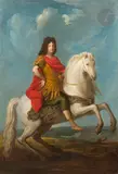 Portrait équestre de Louis XIV en empereur romain by Bon Boullogne, Toile (Restaurations anciennes, griffures), sold Apr 2025