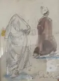 Scène animée orientaliste représentant un homme et une femme marchant by Jacques Segal, Crayon noir et aquarelle, avec signature et cachet de l'artiste en bas à droite, sold Sep 2023