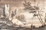 Paysage animé by Roelant Roghman, Plume et encre brune sur traits de crayon noir, lavis gris et brun Annoté en bas à droite, sold Jun 2023