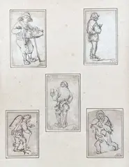 Cinq études de personnages sur le même montage by Isaac van Ostade, Plume et encre brune sur traits de crayon noir Dimension du montage :, sold Jun 2023