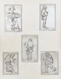 Cinq études de personnages sur le même montage by Isaac van Ostade, Plume et encre brune sur traits de crayon noir Dimension du montage :, sold Jun 2023