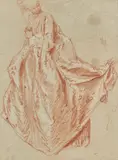 Jeune femme en pied by Jean-Baptiste Pater, Sanguine et rehauts de craie blanche (Manque, pièce découpée dans le coin en bas à droite, sold Jun 2023