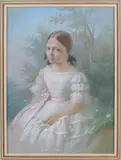 Jeune fille dans un paysage fleuri by Louis Coizet, 1860, Pastel, sold Apr 2023