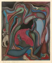 Les louveteaux d'octobre by Mihail Chemiakin, 1973, Gouache sur papier, sold May 2021