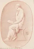 Muse drapée, assise et lisant by Alexandre-Denis de Nyert, Sanguine sur papier crème, sold Dec 2020