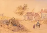 Soldat à cheval et paysanne, dans la campagne by Louis Charles Philippe Raphaël d'ORLÉANS, 1837, Aquarelle et rehauts de gouache sur papier, sold Dec 2020