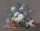Nature morte aux fruits et fleurs sur un entablement by Joseph Fischer, Pastel gouaché, sold Oct 2020