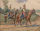 Deux hussards, devant Napoléon by Charles Bombled, 1918, Aquarelle gouachée, sold Oct 2020