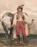 Paysan hongrois tenant un boeuf par les naseaux by Jaroslav Čermák, Gouache signée située et datée «Paris, sold Oct 2020