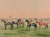 Longchamp, 27 juin 1920, au départ du Grand Prix de Paris by Karl Reille, Gouache signée, sold Oct 2020