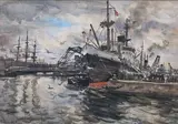 Port de Coppenhague avec le Gothlang, Danemark" by Paul Perraudin, 1947, Aquarelle gouachée signée, sold Jun 2021