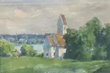 Eglise de campagne by Octave Linet, Aquarelle signée en bas à droite, sold Jun 2021