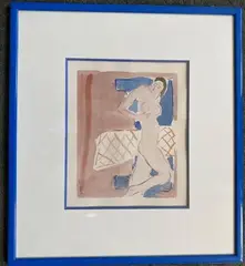 Petit nu au canapé bleu by Robert Delval, Aquarelle signée en bas à droite, sold Jun 2021