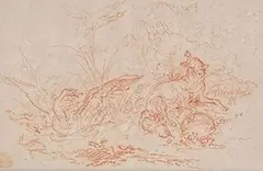 Renard pris dans un piège au côté d'un cygne by Jean-Baptiste Huet, Sanguine (épidermures), sold May 2021