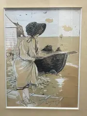 Femme sur la plage by Luc Leguey, 1901, Plume encre et gouache sur papier, sold May 2021