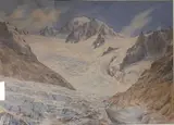 La vallée du Géant, le Mont-Blanc vus du glacier de Talefre by Édouard Brun, Aquarelle signée en bas à gauche et située au dos, sold Mar 2021
