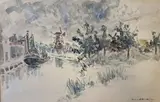 Bord de canal au moulin by Claude Bogratchew, Aquarelle sur papier, sold Feb 2021
