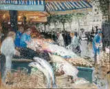 Le marché aux poissons by Pierre Eugène Montézin, Huile et gouache sur papier marouflé sur toile, sold Jan 2008