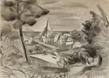 Village by Amédée de La Patellière, Aquarelle et gouache sur traits de fusain signée en bas à droite, sold Sep 2024