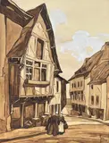 Rue animée en Bretagne by Robert Yan, Lavis et gouache signé en bas à droite, sold Sep 2024