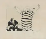Ici au moins on oublie la bourse by Jean Veber, Encre et crayon bleu signé en bas à droite et titré en dessous, sold Sep 2024
