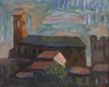 Village by Hernando Viñes, Toile signée en bas à gauche, sold Sep 2024