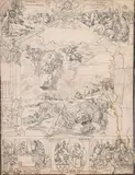 Projet de vitrail avec le pouvoir temporel soumis au pouvoir spirituel by Hieronymus Vischer, Plume et encre noire sur traits de crayon noir, sold Sep 2024