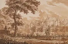 Paysage animé avec un château entouré de douves by Jacob Cats, Plume et encre brune, lavis brun et gris sur traits de crayon noir, sold Sep 2024