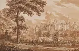 Paysage animé avec un château entouré de douves by Jacob Cats, Plume et encre brune, lavis brun et gris sur traits de crayon noir, sold Sep 2024