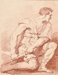 Étude de soldat un genou au sol tirant son sabre du fourreau by Jean-Honoré Fragonard, Sanguine Dessin doublé sur un montage ancien, légèrement insolé, quelques rousseurs et pet, sold Sep 2024