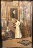 Portrait de femme dans un intérieur by Jeanne Bordes-Guyon, Aquarelle et rehaut de gouache, sold Oct 2024