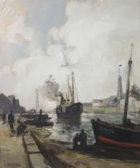 Le port by Henri Alphonse Barnoin, Aquarelle et rehauts de gouache, sold Oct 2024